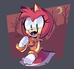 Size: 2048x1898 | Tagged: safe, artist:lemon eyebrows, amy rose, fangs, featured image, halloween, jack o'lantern, looking at viewer, moon, nighttime, vampire