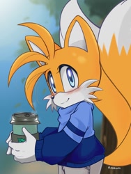 Size: 768x1024 | Tagged: safe, artist:pepamintopatty, miles "tails" prower, fox, autumn, blushing, coffee, holding something, jumper, looking at viewer, pants, solo