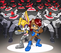 Size: 2300x2000 | Tagged: safe, artist:sonisis, bunnie rabbot, sally acorn, blaster, rally 4 sally, sally's vest and boots, swatbot