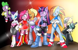 Size: 1112x718 | Tagged: safe, artist:chaoscroc, amy's halterneck dress, applejack, barely sonic related, crossover, fluttershy, my little pony, pinkie pie, pony, rainbow dash, rarity, rouge's heart top, sally's vest and boots, spike (mlp), twilight sparkle