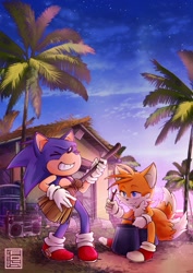 Size: 1131x1600 | Tagged: safe, artist:yellowfox, miles "tails" prower, sonic the hedgehog, broom, building, clouds, duo, eyes closed, holding something, outdoors, palm tree, radio, sitting, smile, standing, star (sky), stick, sunset, tree