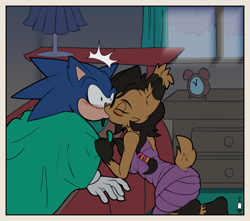 Size: 920x812 | Tagged: safe, artist:ardan norgate, nicole the hololynx, sonic the hedgehog, alarm clock, blushing, dubious consent, kiss, nicole's purple wraps, shipping, sonicole, straight, surprised