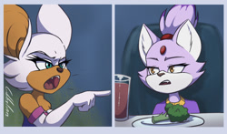 Size: 747x438 | Tagged: safe, artist:gabbslines, blaze the cat, rouge the bat, broccoli, looking at each other, meme, pointing, yelling