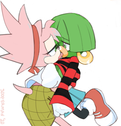 Size: 749x781 | Tagged: dead source, suggestive, artist:sooperman14, amy rose, tekno the canary, kiss, lesbian, shipping, teknamy