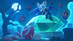 Size: 1440x810 | Tagged: safe, artist:uno yuuji, sonic twitter, big the cat, knuckles the echidna, rouge the bat, chao, owl, dark chao, group, halloween, looking at them, lying down, master emerald, moon, nighttime, outdoors, star (sky), tree