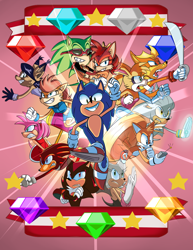 Size: 1024x1325 | Tagged: safe, artist:abbystabby, amy rose, antoine d'coolette, bunnie rabbot, fiona fox, knuckles the echidna, miles "tails" prower, nicole the hololynx, rouge the bat, sally acorn, scourge the hedgehog, shadow the hedgehog, silver the hedgehog, sonic the hedgehog, amy's halterneck dress, chaos emerald, cover art, everyone is here, nicole's purple wraps, piko piko hammer, rouge's heart top, sally's ringblader outfit