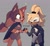 Size: 1827x1668 | Tagged: safe, artist:azzuspin, sticks the badger, whisper the wolf, badger, wolf, duo, duo female, female, grey background, mouth open, one fang, open smile, pointing, simple background, smile, wink