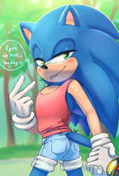 Size: 1500x2200 | Tagged: suggestive, artist:krazyelf, shadow the hedgehog, sonic the hedgehog, dialogue, duo, holding hands, looking at viewer, offscreen character, solo focus, tongue out