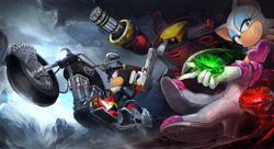 Size: 1500x814 | Tagged: safe, artist:legacy zechs, e-123 omega, rouge the bat, shadow the hedgehog, chaos emerald, charging, gun, motorcycle, nighttime, rouge's heart top, team dark