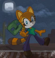 Size: 749x800 | Tagged: safe, marine the raccoon, cactus, clouds, cobwebs, featured image, halloween, holding something, looking at viewer, minecraft, moon, nighttime, pants, shirt, standing on one leg, star (sky), train tracks