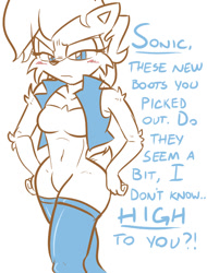Size: 512x675 | Tagged: suggestive, artist:saltcore, sally acorn, blushing, dialogue, looking at viewer, sally's vest and boots, thigh high boots