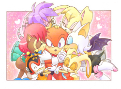 Size: 600x441 | Tagged: safe, artist:inano2009, bunnie rabbot, charmy bee, cream the rabbit, julie-su, knuckles the echidna, sally acorn, group hug, heart, hugging, kiss, sparkles