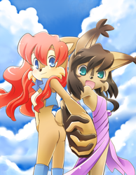 Size: 600x774 | Tagged: safe, artist:inano2009, nicole the hololynx, sally acorn, clouds, daytime, holding hands, lesbian, looking at viewer, macross frontier, nicole x sally, nicole's purple wraps, sally's vest and boots, shipping