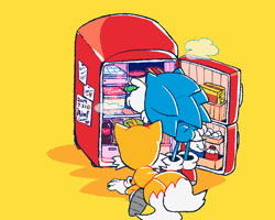 Size: 900x720 | Tagged: safe, artist:aimf0324, miles "tails" prower, sonic the hedgehog, back quills, ice cream, refridgerator, soda