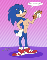 Size: 1010x1280 | Tagged: safe, artist:spotty the cheetah, sonic the hedgehog, bugs bunny, chili dog, dialogue