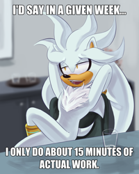Size: 1950x2441 | Tagged: safe, artist:freedomfightersonic, silver the hedgehog, crossed legs, meme, office space, photographic background, solo