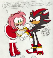 Size: 1610x1783 | Tagged: safe, amy rose, shadow the hedgehog, amy's halterneck dress, dialogue, holding hands, pencilwork, shadamy, shipping