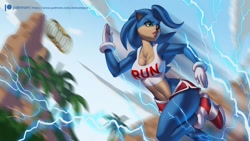 Size: 1280x720 | Tagged: safe, artist:alanscampos, sonic the hedgehog, clouds, daytime, gender swap, palm tree, ring, running