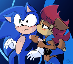 Size: 958x834 | Tagged: safe, artist:superhypersonic2000, sally acorn, sonic the hedgehog, kiss, sally's ringblader outfit, sonally
