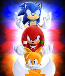 Size: 538x630 | Tagged: safe, artist:prince youlou, knuckles the echidna, miles "tails" prower, sonic the hedgehog, looking at viewer, nike mouth, team sonic