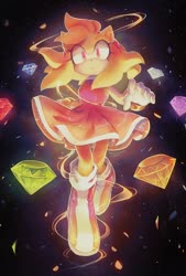 Size: 1186x1754 | Tagged: safe, artist:spacecolonie, amy rose, chaos emerald, floating, looking at viewer, mouth open, solo, super amy, super form