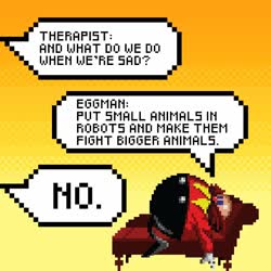 Size: 1080x1080 | Tagged: safe, sonic twitter, robotnik, abstract background, couch, dialogue, english text, featured image, gradient background, lying down, meme, solo, speech bubble, therapy, what do we do