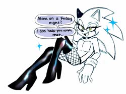 Size: 1760x1316 | Tagged: dead source, suggestive, artist:toketsuu, sonic the hedgehog, alone on a friday night, boots, collar, english text, eyelashes, femboy, fishnets, lidded eyes, looking at viewer, male, meme, simple background, sitting, solo, sparkles, speech bubble, white background