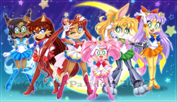 Size: 1668x962 | Tagged: safe, artist:metalpandora, amy rose, bunnie rabbot, fiona fox, mina mongoose, nicole the hololynx, sally acorn, abstract background, arm up, chibi rose, cosplay, gradient background, group, hand on hip, looking at viewer, mouth open, one eye closed, sailor moon, sally moon, skirt, smile, standing, v sign, watermark, wink