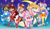 Size: 1668x962 | Tagged: safe, artist:metalpandora, amy rose, bunnie rabbot, fiona fox, mina mongoose, nicole the hololynx, sally acorn, abstract background, arm up, chibi rose, cosplay, gradient background, group, hand on hip, looking at viewer, mouth open, one eye closed, sailor moon, sally moon, skirt, smile, standing, v sign, watermark, wink