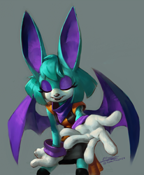 Size: 742x900 | Tagged: safe, artist:tealfuleyes, oc, oc:chime the bat, bat, eyes closed, fangs, grey background, hand on own leg, mouth open, signature, simple background, solo, standing