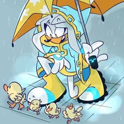 Size: 2000x2000 | Tagged: safe, artist:dizzpacito, silver the hedgehog, bird, duck, hand on own leg, holding something, hood, hood up, kneeling, looking down, mouth open, outdoors, rain, raincoat, silverbetes, solo, umbrella, water