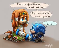 Size: 1445x1164 | Tagged: safe, artist:poltergeistig, sonic the hedgehog, tikal, baby sonic, child, crying, dialogue, movie style