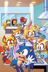 Size: 692x1050 | Tagged: safe, artist:gary martin, artist:jennifer hernandez, artist:matt herms, antoine d'coolette, bunnie rabbot, cheese (chao), cream the rabbit, mighty the armadillo, miles "tails" prower, ray the flying squirrel, sally acorn, sonic the hedgehog, sonic the hedgehog 294 (archie), apron, cooking, cover art, food, inadvisable cooking, sally's ringblader outfit