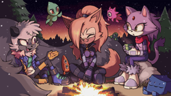 Size: 1920x1080 | Tagged: safe, artist:plague of gripes, blaze the cat, tangle the lemur, whisper the wolf, wisp, campfire, crossed legs, eyes closed, fire, forest, holding something, nighttime, one fang, open mouth, outdoors, rock, sitting, smile, star (sky), trio