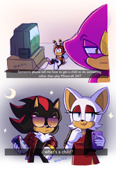 Size: 1280x1920 | Tagged: safe, artist:verocitea, charmy bee, espio the chameleon, rouge the bat, shadow the hedgehog, cellphone, dress, energy drink, espio has a bad time, minecraft, video game console