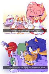 Size: 1209x1839 | Tagged: safe, artist:verocitea, amy rose, cheese (chao), cream the rabbit, knuckles the echidna, miles "tails" prower, sonic the hedgehog, apron, blanket, cake, cooking, sleeping, soda