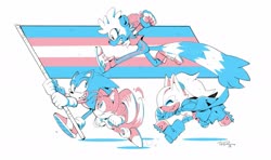 Size: 1667x988 | Tagged: safe, artist:ballad of gilgalad, miles "tails" prower, sonic the hedgehog, tangle the lemur, whisper the wolf, featured image, leaping, one fang, pride, running, trans pride