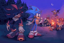 Size: 1743x1192 | Tagged: safe, artist:jellial, amy rose, jewel the beetle, knuckles the echidna, miles "tails" prower, rouge the bat, shadow the hedgehog, sonic the hedgehog, tangle the lemur, whisper the wolf, campfire, forest, moon, nighttime, radio, roasting marshmallows, rouge's heart top