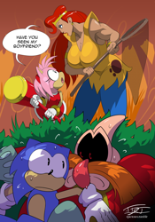 Size: 840x1200 | Tagged: safe, artist:epictones, amy rose, katella the huntress, robotnik, sonic the hedgehog, black sclera, forest, hiding, piko piko hammer, sweatdrop, yellow cross outfit