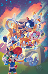 Size: 1242x1920 | Tagged: safe, artist:evan stanley, amy rose, antoine d'coolette, bunnie rabbot, cheese (chao), cream the rabbit, miles "tails" prower, nicole the handheld, nicole the hololynx, rotor walrus, sally acorn, sonic the hedgehog, sonic universe 96, flying, loop, sword