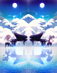 Size: 1200x1521 | Tagged: safe, artist:rellyia, blaze the cat, silver the hedgehog, clouds, looking up, moon, piano, playing music, reflection, shipping, silvaze, straight