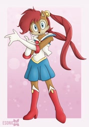 Size: 905x1280 | Tagged: safe, artist:esonic64, sally acorn, boots, gloves, sailor moon, sally moon, skirt, solo, twintails