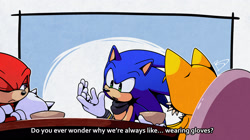 Size: 2500x1400 | Tagged: safe, artist:bluslashed, knuckles the echidna, miles "tails" prower, sonic the hedgehog, dialogue