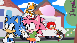 Size: 3715x2094 | Tagged: safe, artist:ilostmysol, amy rose, charmy bee, knuckles the echidna, miles "tails" prower, sonic the ice cream, ice cream, ice cream truck