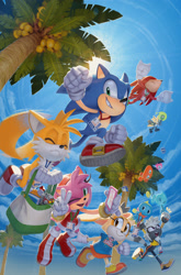 Size: 2024x3072 | Tagged: safe, artist:evan stanley, cheese (chao), cream the rabbit, eggrobo, knuckles the echidna, miles "tails" prower, sonic the hedgehog, tails doll, tangle the lemur, whisper the wolf, wisp, sonic the hedgehog 27 (idw), sonic the ice cream, cellphone, con badge, flying, palm tree, selfie, wispon