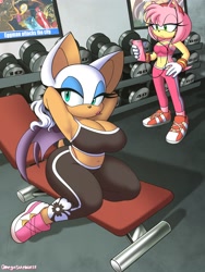 Size: 2700x3600 | Tagged: suggestive, artist:omegasunburst, amy rose, knuckles the echidna, rouge the bat, shadow the hedgehog, silver the hedgehog, sonic the hedgehog, cellphone, gym, television