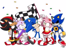 Size: 4095x2978 | Tagged: safe, artist:vivicarol0200, amy rose, blaze the cat, metal sonic, miles "tails" prower, sonic the hedgehog, amy's halterneck dress, blaze's tailcoat, checkered flag, confetti