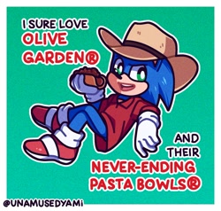 Size: 1024x973 | Tagged: safe, artist:unamusedyami, sonic the hedgehog, sonic the hedgehog (2020), chili dog, cowpoke outfit, dialogue, olive garden, product placement, slogan