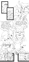 Size: 842x1785 | Tagged: safe, artist:kohane01, amy rose, knuckles the echidna, longclaw, miles "tails" prower, sonic the hedgehog, dialogue, edit, momclaw, owl head turn, stitched, surprised