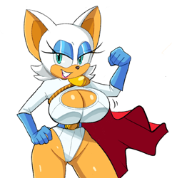 Size: 1500x1557 | Tagged: suggestive, artist:squidapple, rouge the bat, busty rouge, cape, power girl